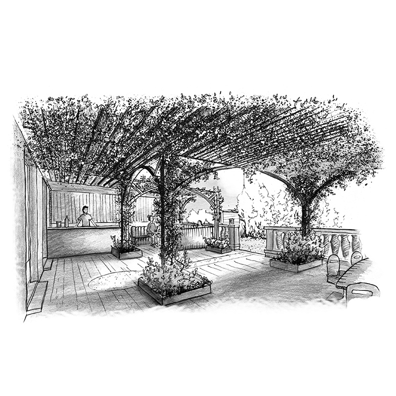 © Apis Florae, toit-terrasses, croquis pergola à la main © Apis Florae, toit-terrasses, croquis pergola à la main